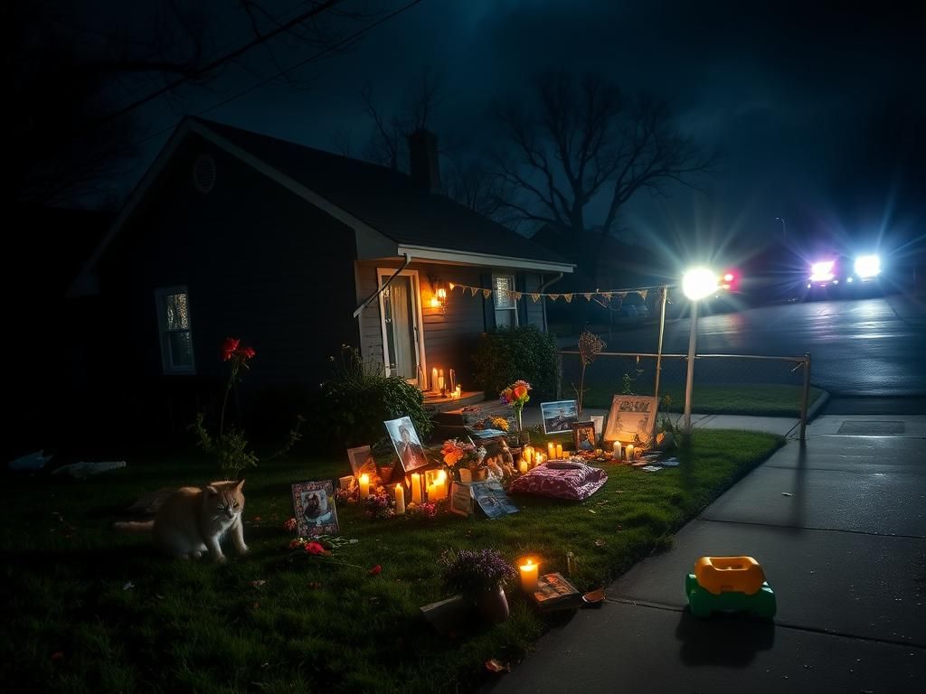 Flick International A dimly lit suburban street at night showing chaos outside a house with broken windows and memorials for cats.
