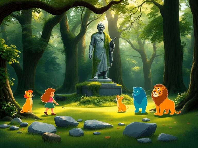Flick International A lush forest scene featuring a majestic, forgotten statue covered in moss and vines