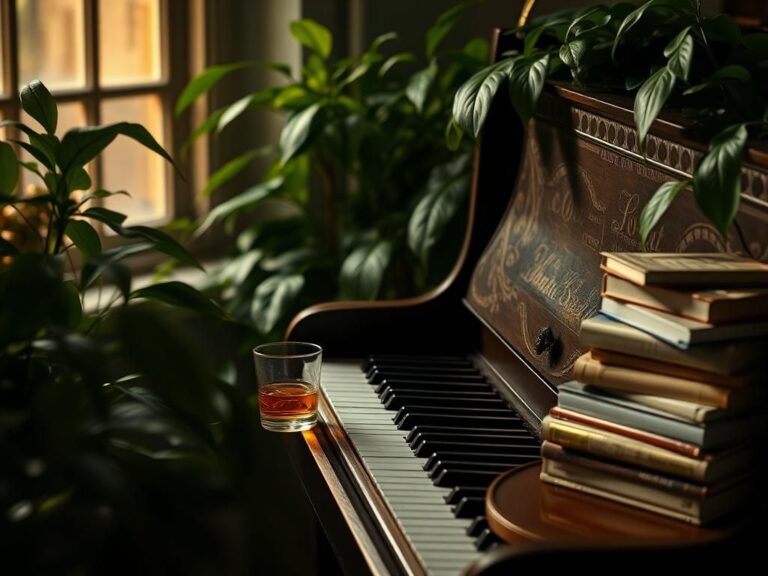 Flick International Vintage piano with a glass of whiskey on the keys symbolizing love and loss