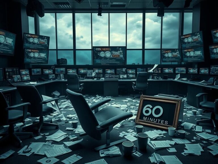 Flick International Chaotic CBS News newsroom with scattered papers and empty chairs