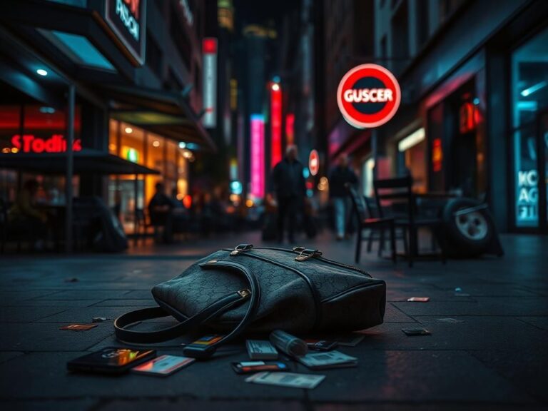 Flick International Discarded Gucci handbag on urban street, hinting at theft