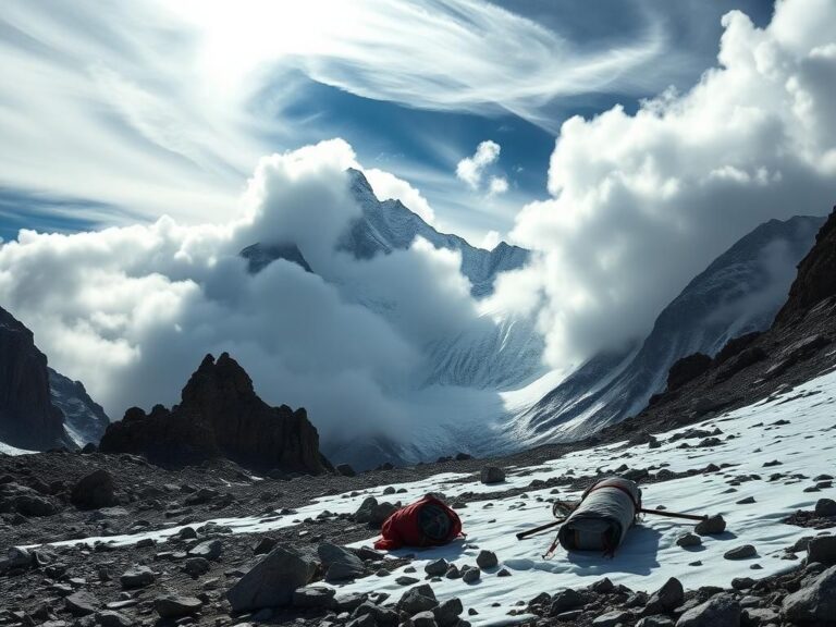 Flick International A dramatic view of Mount Everest under swirling clouds highlighting the towering peaks and harsh terrain.
