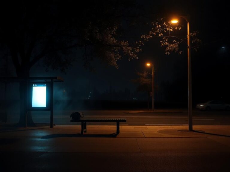 Flick International A somber urban landscape at night with an empty bus stop and flickering streetlight representing the fears of immigrants.