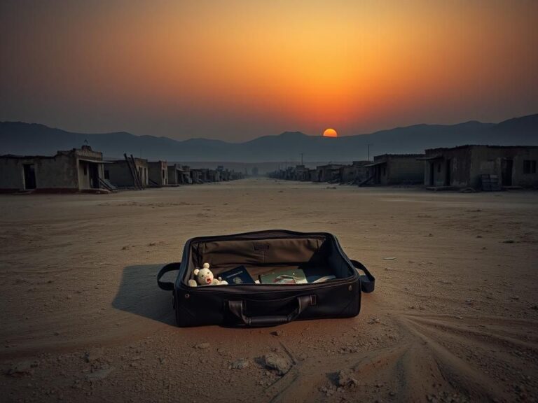 Flick International Somber Afghan village at dusk with an empty travel bag in foreground