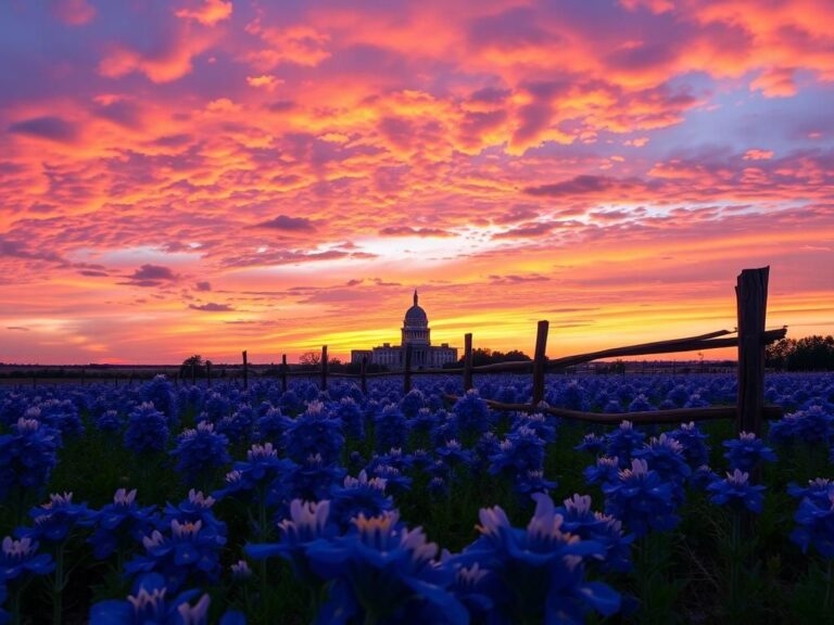 Flick International Panoramic view of the Texas landscape at sunset with bluebonnets and the Texas State Capitol silhouette
