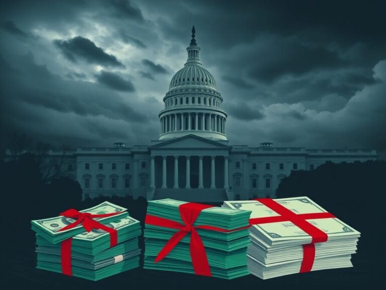 Flick International A dramatic government building with storm clouds and blocked funds symbolizing tension