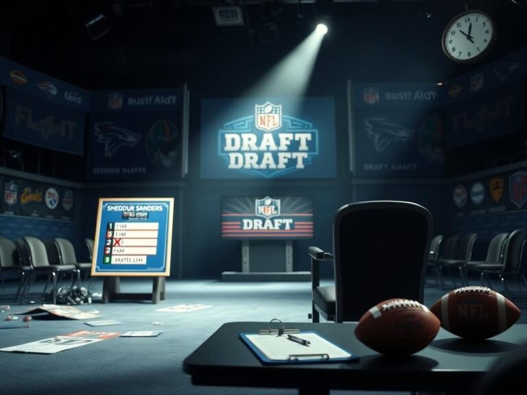 Flick International A dimly lit NFL draft room showcasing Shedeur Sanders' name and a red X over it