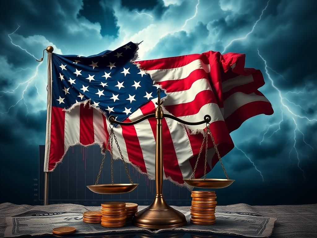 Flick International A large, partially torn American flag draped over a crumbling economic chart with a downward trend