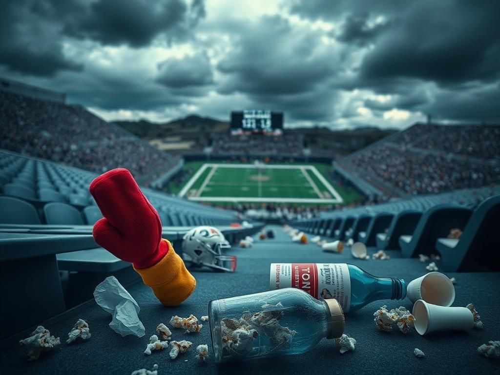 Flick International Empty stadium bleachers with discarded items after a heated altercation