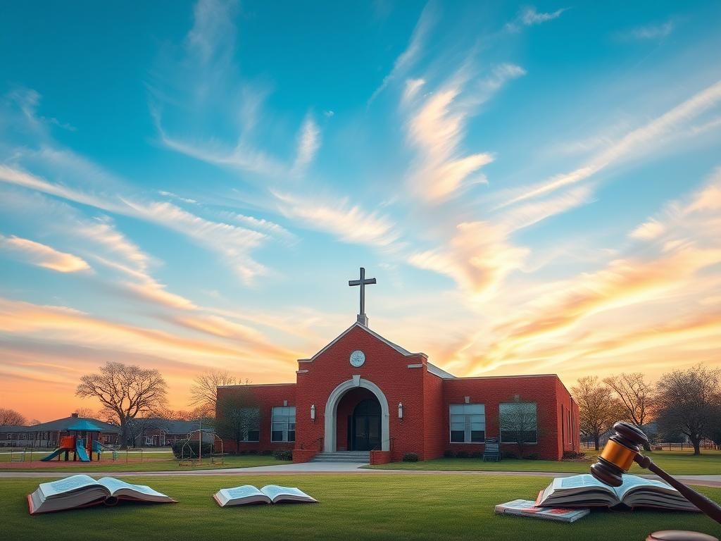 Flick International Artistic representation of a serene landscape featuring a Catholic charter school in Oklahoma