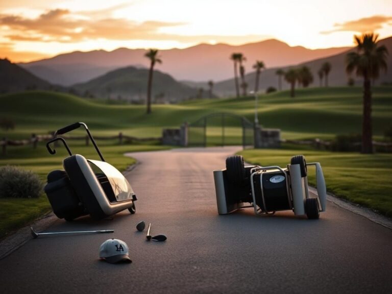 Flick International Abandoned golf cart on a serene golf course after a crash