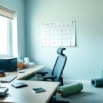 Flick International Office scene depicting a cluttered desk with computer and ergonomic chair