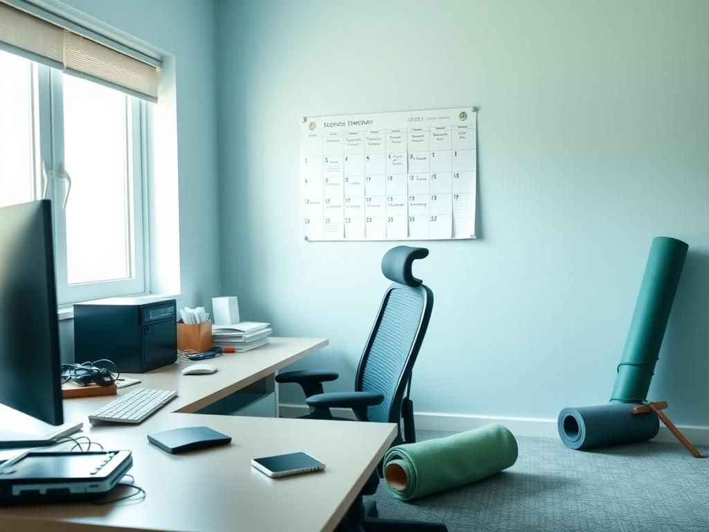 Flick International Office scene depicting a cluttered desk with computer and ergonomic chair