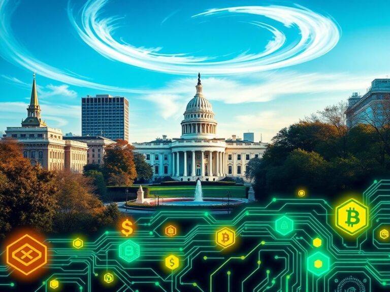 Flick International Dynamic urban landscape in Washington, D.C. showcasing modern government building with cryptocurrency and AI elements