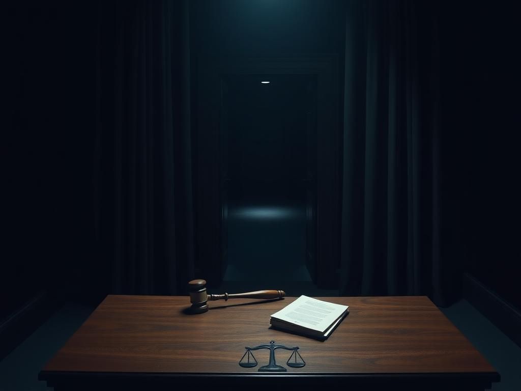 Flick International Somber courtroom scene with an empty judge's bench and dramatic curtains