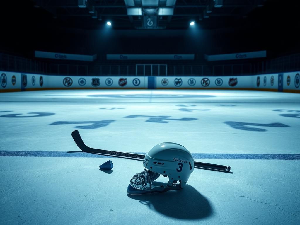 Flick International Empty ice hockey rink with a single hockey stick and broken equipment symbolizing the tragic incident involving Adam Johnson