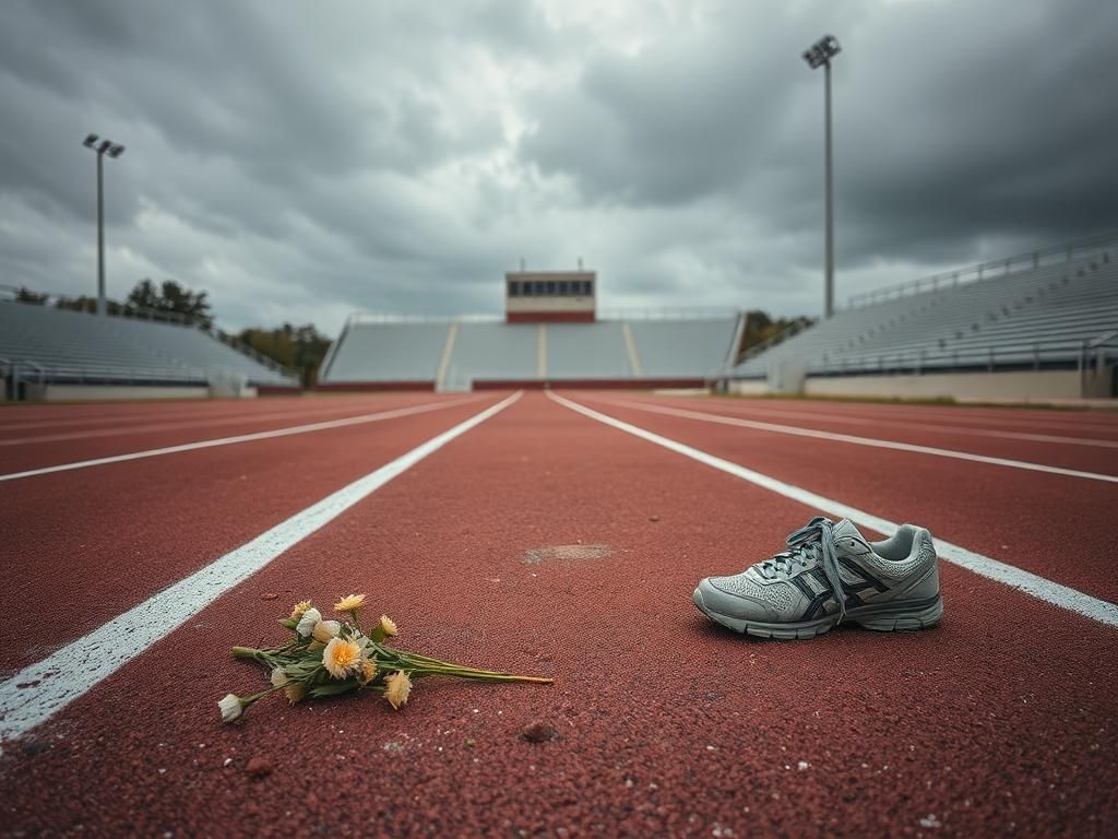 Flick International Somber scene of an empty track and field stadium in Frisco, Texas, representing loss and reflection
