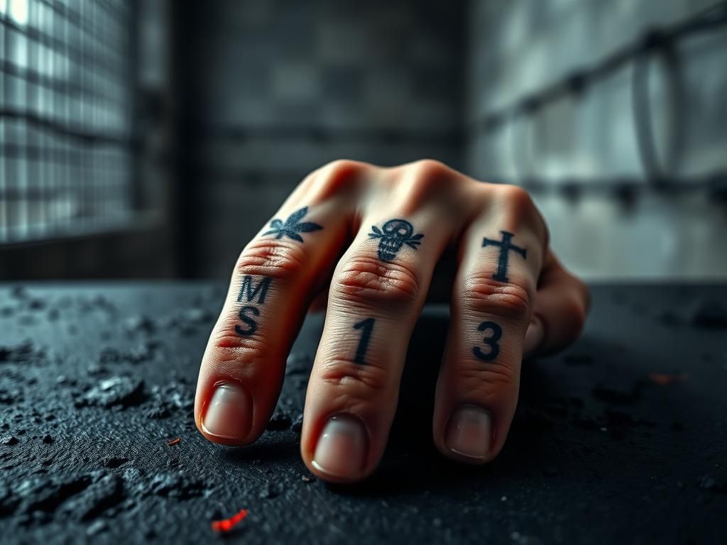 Flick International Close-up of a weathered hand with MS-13 tattoos resting on a dark surface