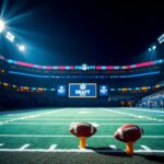 Flick International Dramatic night scene of an empty football field illuminated for NFL draft night