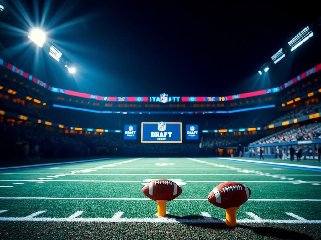 Flick International Dramatic night scene of an empty football field illuminated for NFL draft night