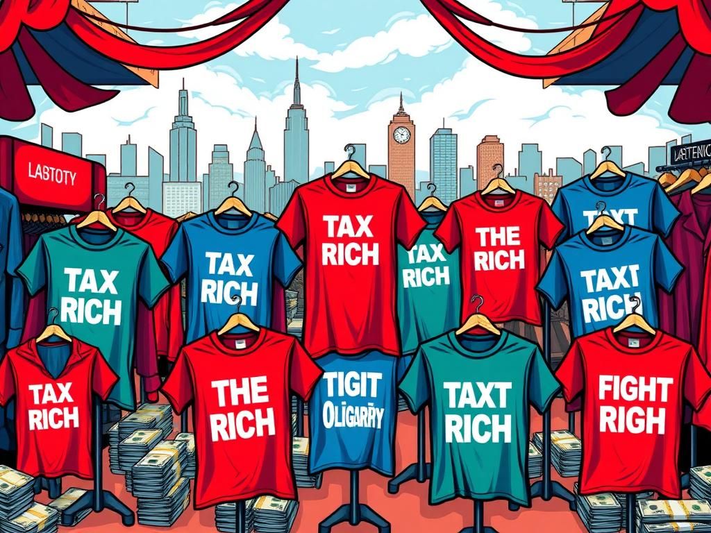 Flick International Marketplace scene showcasing colorful T-shirts with political slogans and financial elements