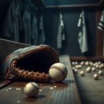 Flick International Close-up of a baseball glove on a wooden bench in a dimly lit locker room