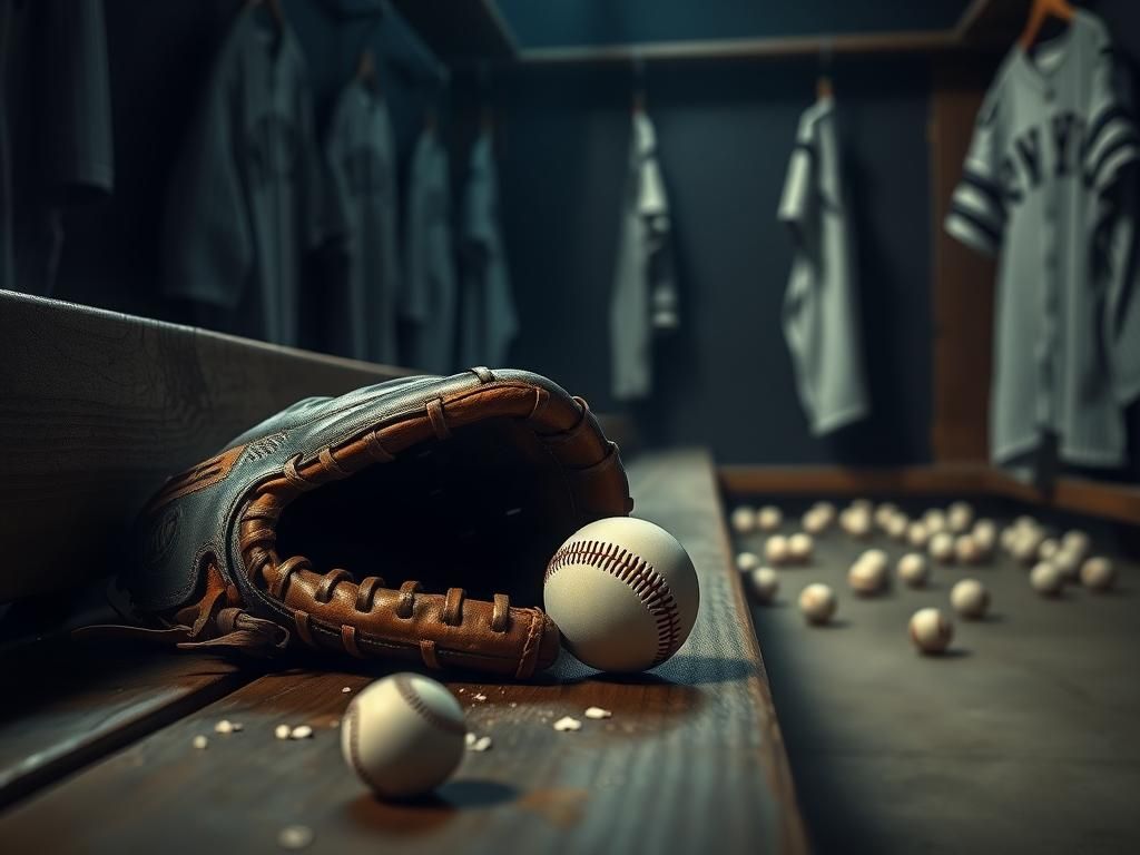 Flick International Close-up of a baseball glove on a wooden bench in a dimly lit locker room