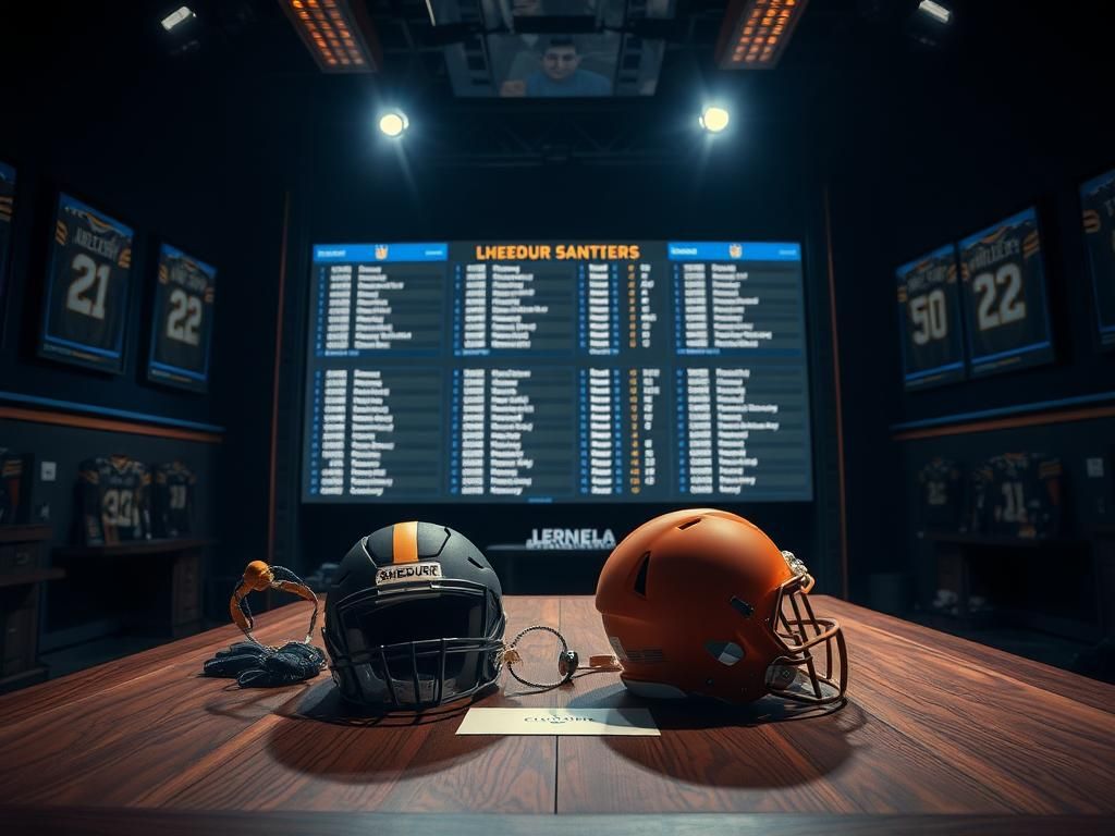 Flick International A dramatic NFL draft room showcasing Shedeur Sanders' helmet surrounded by football gear