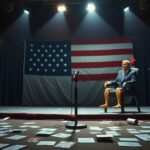 Flick International Empty town hall stage with microphone and cardboard politician cutout