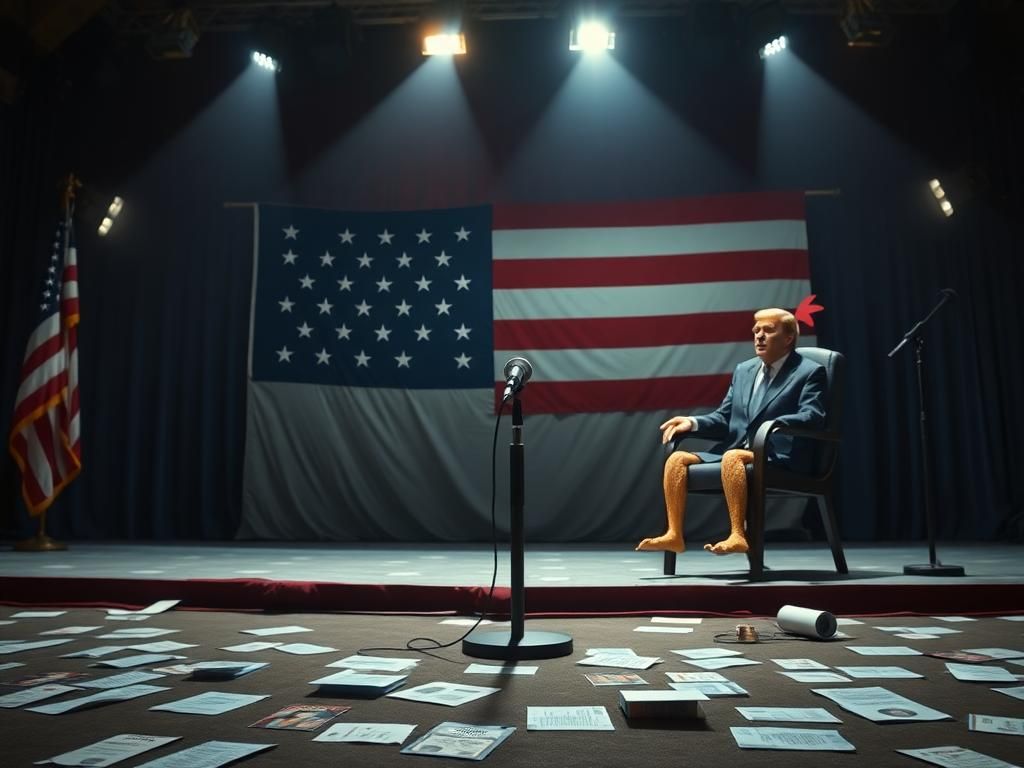 Flick International Empty town hall stage with microphone and cardboard politician cutout