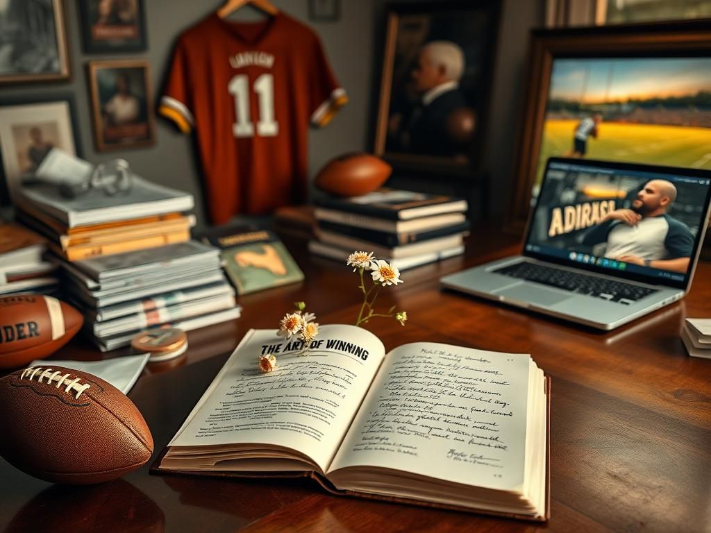 Flick International A dimly lit room filled with football memorabilia, including a vintage football and coaching playbooks