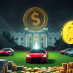 Flick International Surreal depiction of White House lawn transformed into Tesla showroom with electric vehicles and a giant $TRUMP meme coin.
