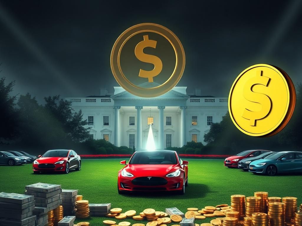 Flick International Surreal depiction of White House lawn transformed into Tesla showroom with electric vehicles and a giant $TRUMP meme coin.