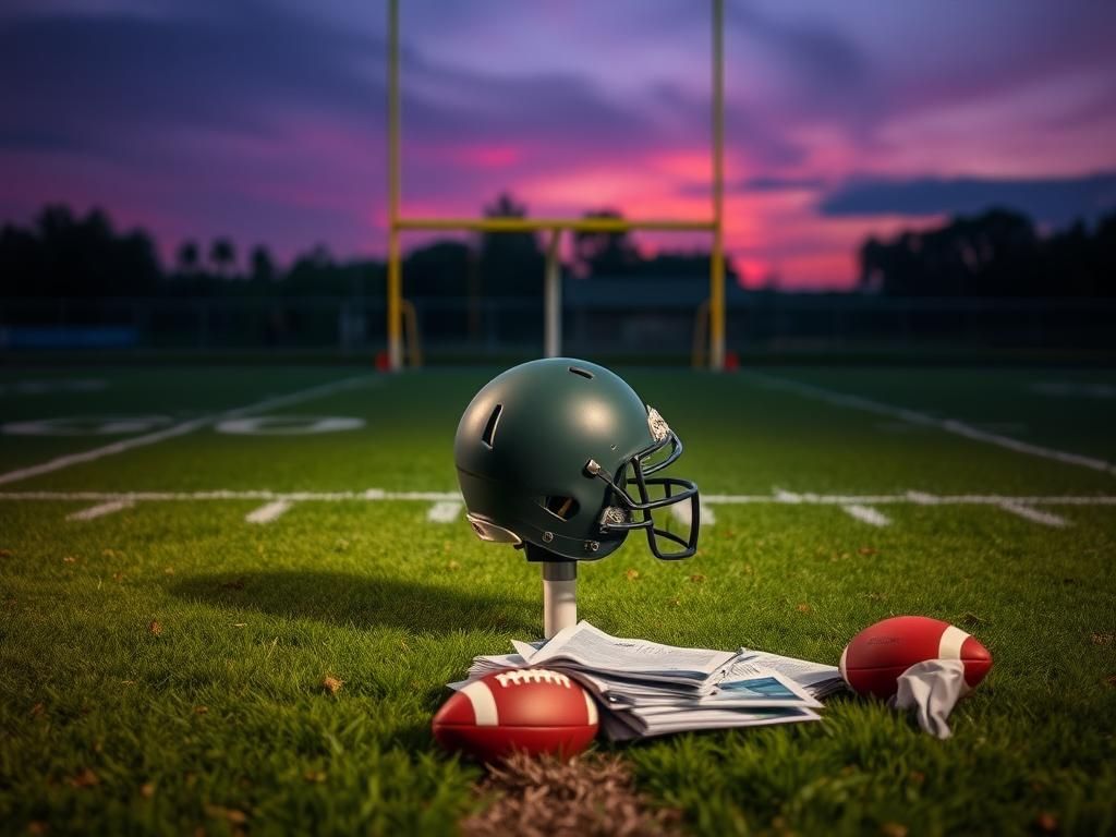 Flick International A dramatic football field at dusk with an empty helmet and crumpled playbooks symbolizing decision-making in the NFL Draft