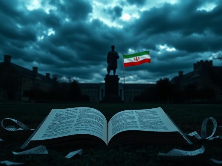 Flick International Dramatic view of Princeton University campus under a cloudy sky with discarded book representing nuclear policy