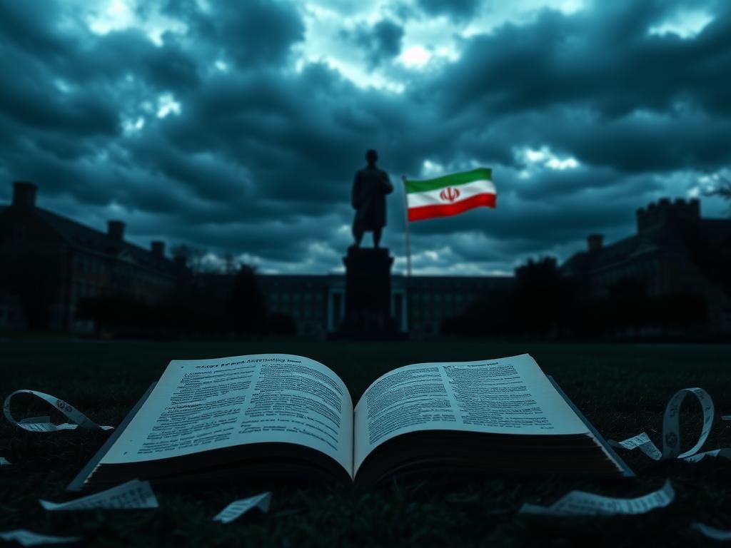 Flick International Dramatic view of Princeton University campus under a cloudy sky with discarded book representing nuclear policy