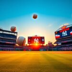 Flick International Three baseballs soaring through the air against a vibrant sunset sky at a baseball stadium
