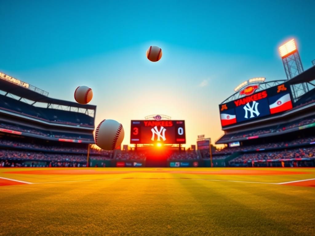 Flick International Three baseballs soaring through the air against a vibrant sunset sky at a baseball stadium