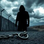 Flick International A dramatic symbolic scene illustrating immigration issues with a broken chain and ominous silhouette representing threats.