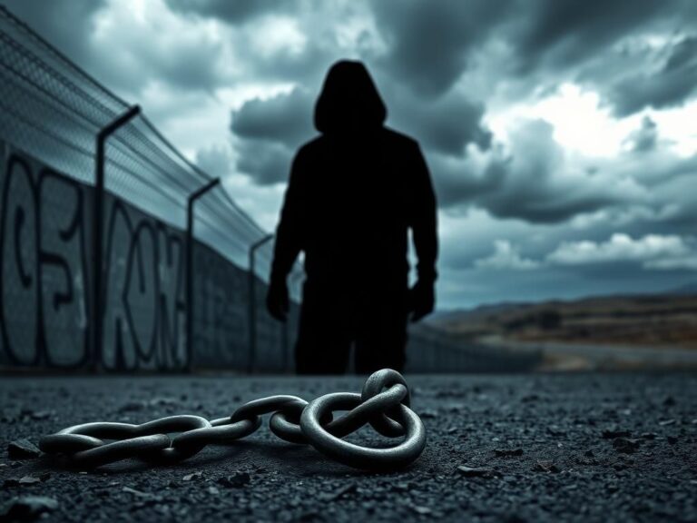 Flick International A dramatic symbolic scene illustrating immigration issues with a broken chain and ominous silhouette representing threats.