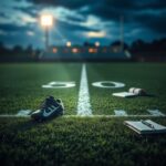 Flick International Football cleats on the 50-yard line of a twilight football field symbolizing dreams and aspirations