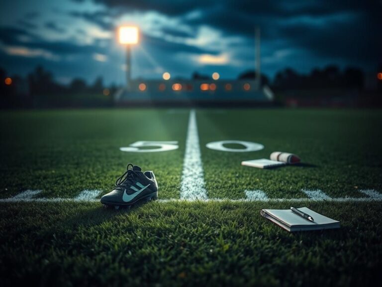 Flick International Football cleats on the 50-yard line of a twilight football field symbolizing dreams and aspirations