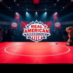 Flick International Dynamic wrestling mat with red and white outlines in a bright arena