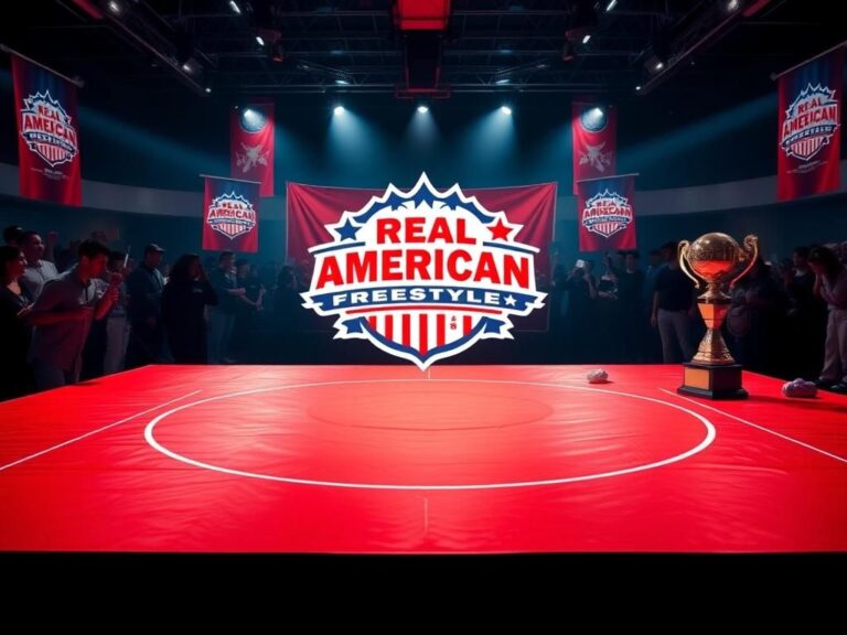 Flick International Dynamic wrestling mat with red and white outlines in a bright arena