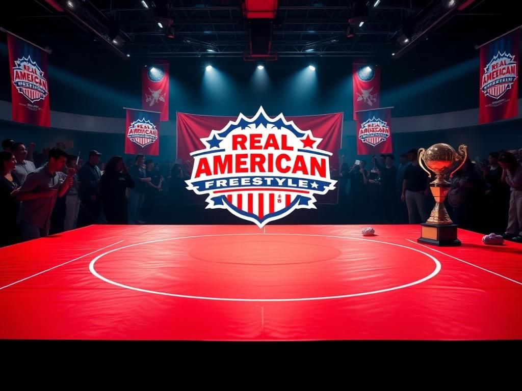 Flick International Dynamic wrestling mat with red and white outlines in a bright arena