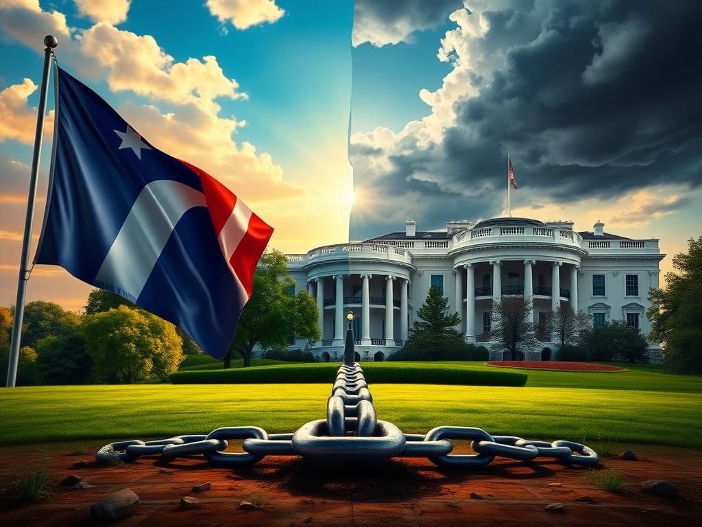 Flick International A split landscape symbolizing political division in Michigan, featuring a vibrant state flag on one side and a stormy White House on the other.