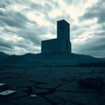 Flick International Dark landscape of El Salvador with a towering prison structure and cracked ground symbolizing violence and deportation.