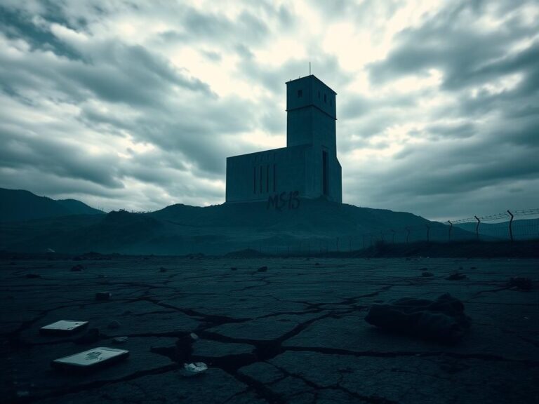 Flick International Dark landscape of El Salvador with a towering prison structure and cracked ground symbolizing violence and deportation.