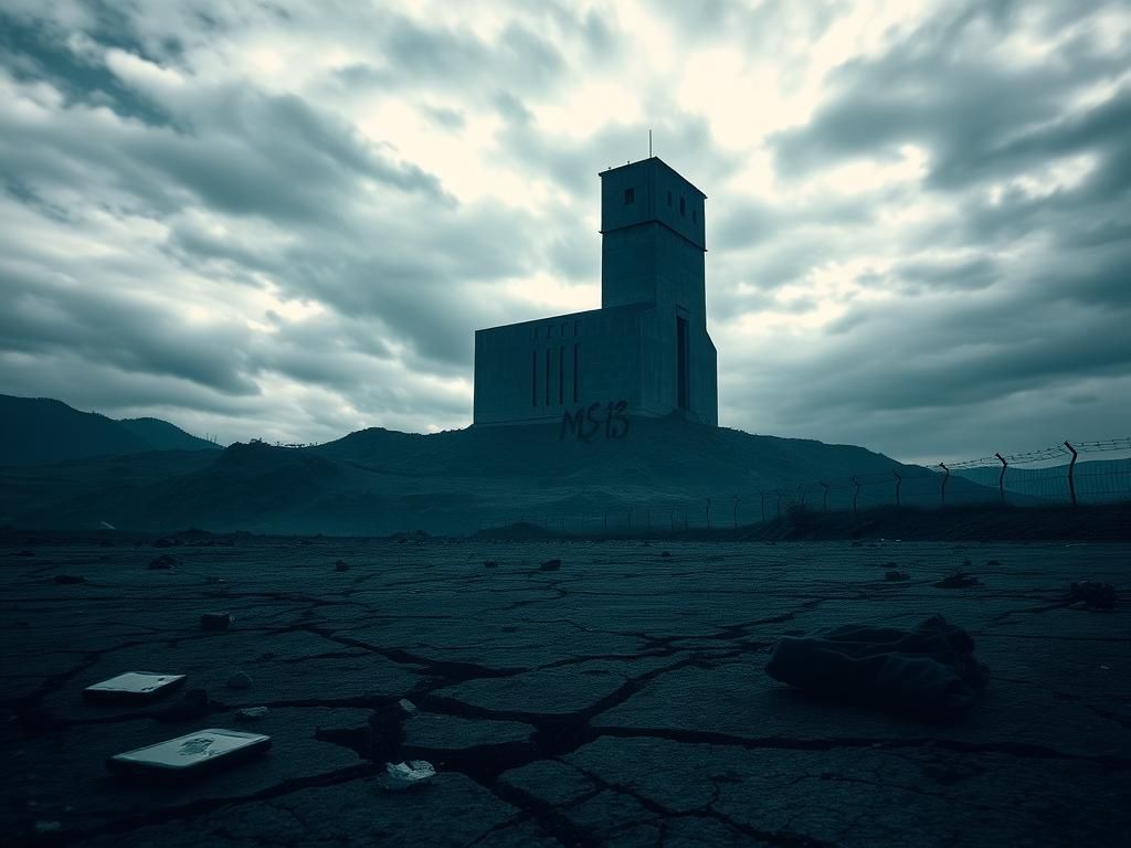 Flick International Dark landscape of El Salvador with a towering prison structure and cracked ground symbolizing violence and deportation.