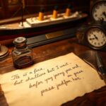 Flick International Vintage writing desk with ink bottle, quill pen, and prophetic Titanic letter